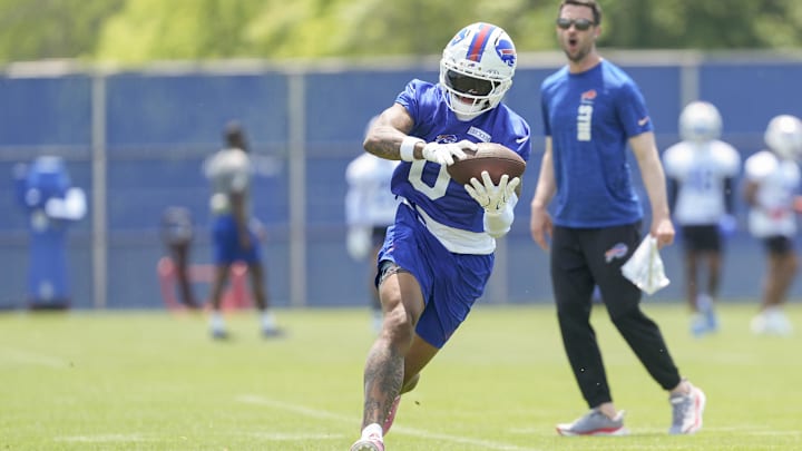 Buffalo Bills wide receiver Keon Coleman makes a catch during Minicamp at Highmark Stadium.