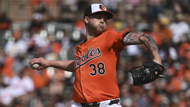 Jun 1, 2024; Baltimore, Maryland, USA;  Baltimore Orioles pitcher Kyle Bradish (38) throws a first inning pitch against the Tampa Bay Rays at Oriole Park at Camden Yards.