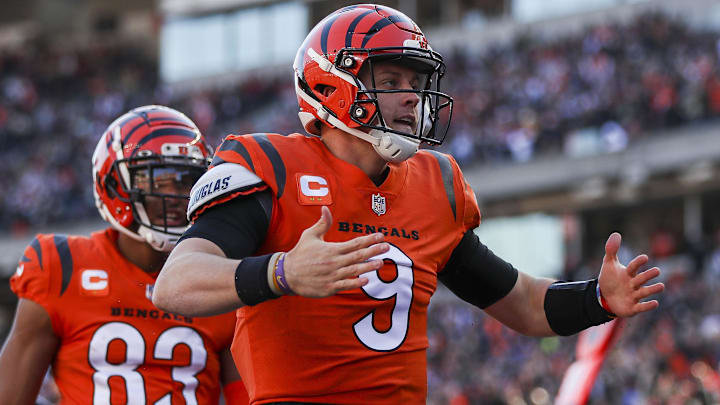 Nov 28, 2021; Cincinnati, Ohio, USA; Cincinnati Bengals quarterback Joe Burrow (9) reacts after scoring a touchdown against the Pittsburgh Steelers in the first half at Paul Brown Stadium. Mandatory Credit: Katie Stratman-Imagn Images