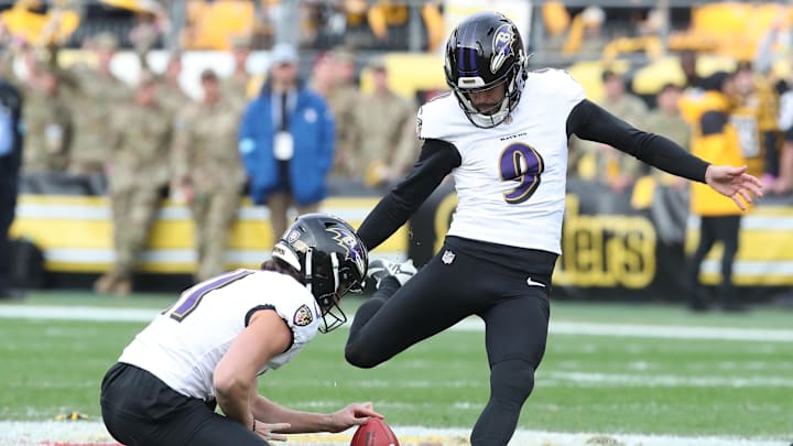 Nov 17, 2024; Pittsburgh, Pennsylvania, USA; Baltimore Ravens place kicker Justin Tucker (9) kicks a field goal against the Pittsburgh Steelers during the third quarter at Acrisure Stadium. Mandatory Credit: Charles LeClaire-Imagn Images Nov 17, 2024; Pittsburgh, Pennsylvania, USA; Baltimore Ravens place kicker Justin Tucker (9) kicks a field goal against the Pittsburgh Steelers during the third quarter at Acrisure Stadium. Mandatory Credit: Charles LeClaire-Imagn Images