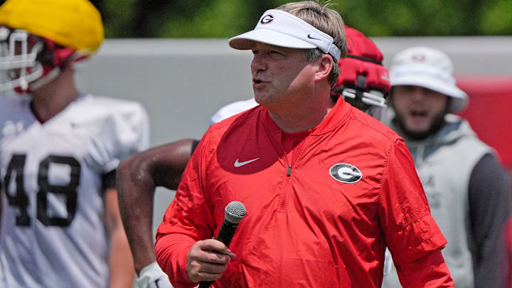 Georgia coach Kirby Smart looks on at the first day of fall practice in Athens, Georgia, on Thursday, July 31, 2025.