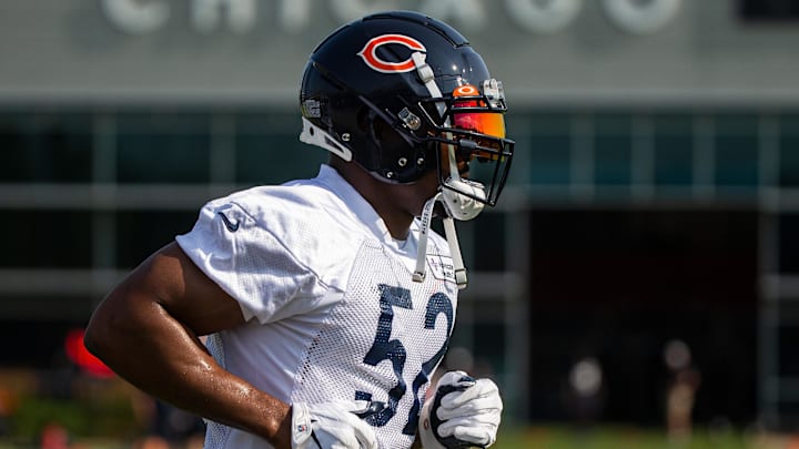 Jul 29, 2021; Lake Forest, IL, USA; Chicago Bears linebacker Khalil Mack (52) runs a lap during a Chicago Bears training camp session at Halas Hall. Mandatory Credit: Jon Durr-Imagn Images