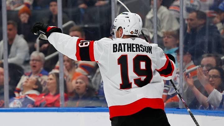 Mar 3, 2026; Edmonton, Alberta, CAN; Ottawa Senators forward Drake Batherson (19) celebrates his goal scored during the second period against the Edmonton Oilers at Rogers Place. Mandatory Credit: Perry Nelson-Imagn Images