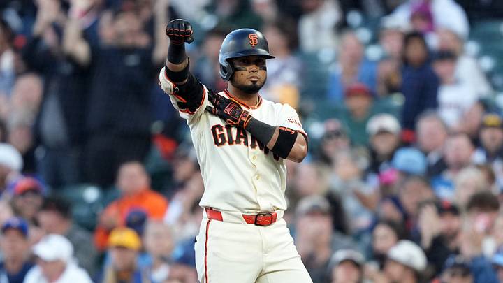 Jul 27, 2026; San Francisco, California, USA; San Francisco Giants second baseman Luis Arraez (1) gestures after hitting an RBI-single against the Milwaukee Brewers during the third inning at Oracle Park. Mandatory Credit: Darren Yamashita-Imagn Images