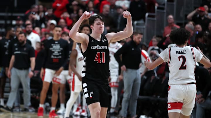 Feb 3, 2024; Lubbock, Texas, USA;  Cincinnati Bearcats guard Simas Lukosius (41) reacts after the game against the Texas Tech Red Raiders at United Supermarkets Arena. Mandatory Credit: Michael C. Johnson-Imagn Images