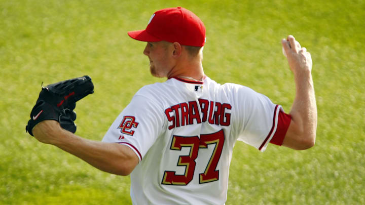 June 8, 2010; Washington, DC, USA; Washington Nationals pitcher Stephen Strasburg (37) warms up prior to his major league debut against the Pittsburgh Pirates at Nationals Park. 