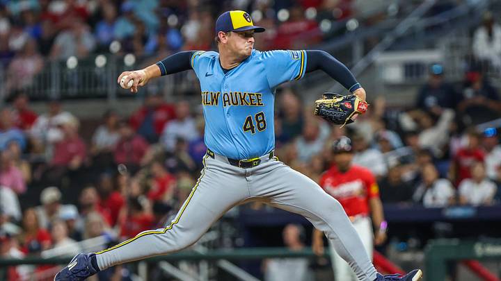 Jun 19, 2026; Cumberland, Georgia, USA; Milwaukee Brewers pitcher Craig Yoho (48) pitches against the Atlanta Braves during the eighth inning at Truist Park. Mandatory Credit: Jordan Godfree-Imagn Images