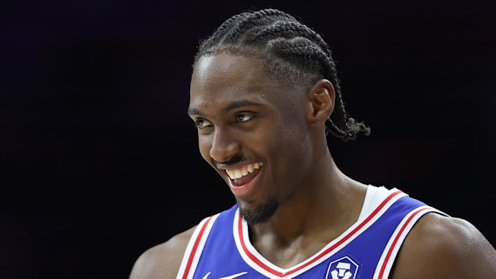 Feb 24, 2025; Philadelphia, Pennsylvania, USA; Philadelphia 76ers guard Tyrese Maxey (0) reacts during the third quarter against the Chicago Bulls at Wells Fargo Center. Mandatory Credit: Bill Streicher-Imagn Images