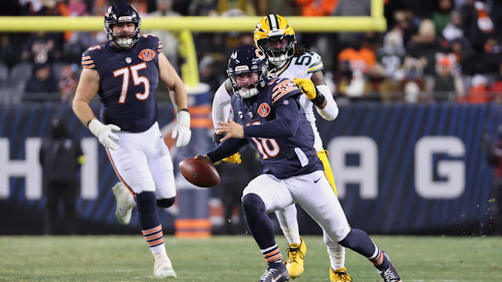 Caleb Williams escapes the pocket against the Packers in last week's 22-16 overtime win by the Bears.