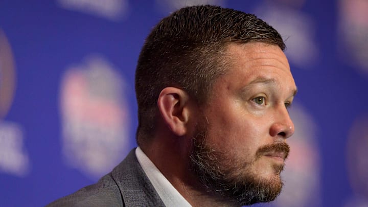 Oregon head coach Dan Lanning listens to a reporter’s question during the head coaches’ press conference ahead of the Peach Bowl at the College Football Hall of Fame in Atlanta, Georgia, on Jan. 8, 2026.