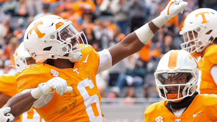 Tennessee running back Dylan Sampson (6) celebrates after scoring a touchdown during a NCAA football game between Tennessee and UTEP in Neyland Stadium on Saturday, November 23, 2024.