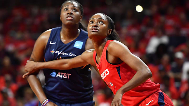 Sep 29, 2019; Washington, DC, USA; Washington Mystics forward LaToya Sanders (30) boxes out Connecticut Sun forward Shekinna Stricklen (40) during the second half in game one of the 2019 WNBA Finals at The Entertainment and Sports Arena. Mandatory Credit: Brad Mills-Imagn Images