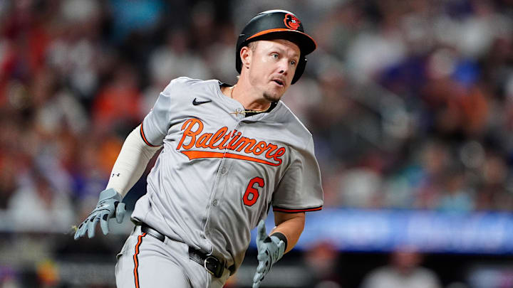 Aug 19, 2024; New York City, New York, USA; Baltimore Orioles first baseman Ryan Mountcastle (6) runs out a double against the New York Mets during the seventh inning at Citi Field. 