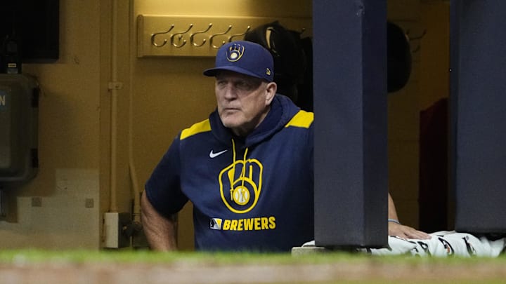 Aug 25, 2025; Milwaukee, Wisconsin, USA; Milwaukee Brewers manager Pat Murphy looks out from the dug out against the Arizona Diamondbacks in the seventh inning at American Family Field. Mandatory Credit: Michael McLoone-Imagn Images Aug 25, 2025; Milwaukee, Wisconsin, USA; Milwaukee Brewers manager Pat Murphy looks out from the dug out against the Arizona Diamondbacks in the seventh inning at American Family Field. Mandatory Credit: Michael McLoone-Imagn Images