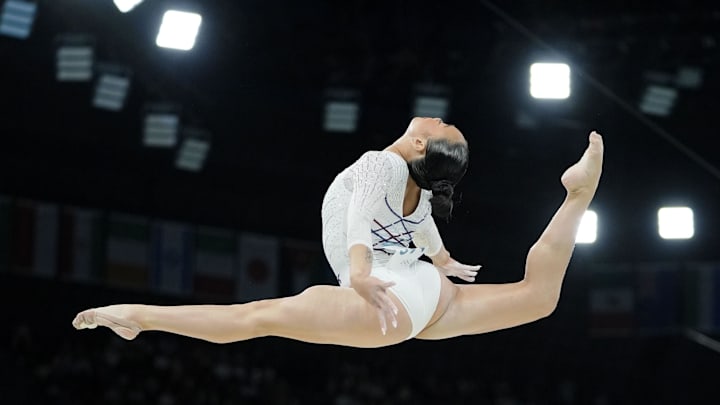 Paris, France; Sunisa Lee of the United States competes on the beam on day three of the gymnastics event finals during the Paris 2024 Olympic Summer Games. Paris, France; Sunisa Lee of the United States competes on the beam on day three of the gymnastics event finals during the Paris 2024 Olympic Summer Games.