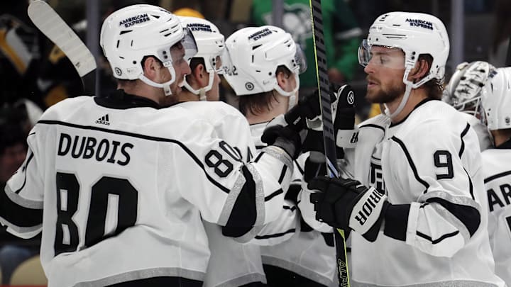 Feb 18, 2024; Pittsburgh, Pennsylvania, USA;  Los Angeles Kings center Pierre-Luc Dubois (80) and