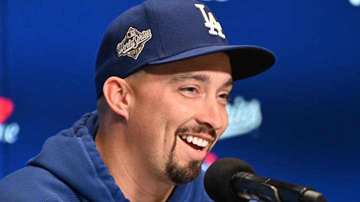 Los Angeles Dodgers pitcher Blake Snell (7) speaks to the media during media day and team workouts at Rogers Centre. Los Angeles Dodgers pitcher Blake Snell (7) speaks to the media during media day and team workouts at Rogers Centre.