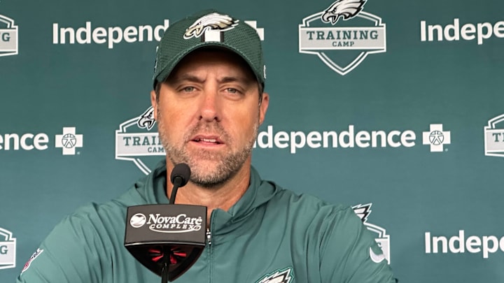 Eagles OC Kevin Patullo speaks with reporters on Aug. 19, 2025.