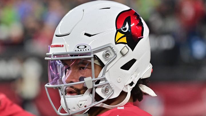 Jan 7, 2024; Glendale, Arizona, USA; Arizona Cardinals quarterback Kyler Murray (1) looks on prior Jan 7, 2024; Glendale, Arizona, USA; Arizona Cardinals quarterback Kyler Murray (1) looks on prior