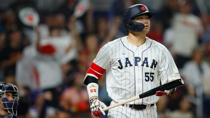 Mar 21, 2023; Miami, Florida, USA; Japan third baseman Munetaka Murakami (55) looks on after hitting a home run during the second inning against USA at LoanDepot Park. Mandatory Credit: Sam Navarro-Imagn Images