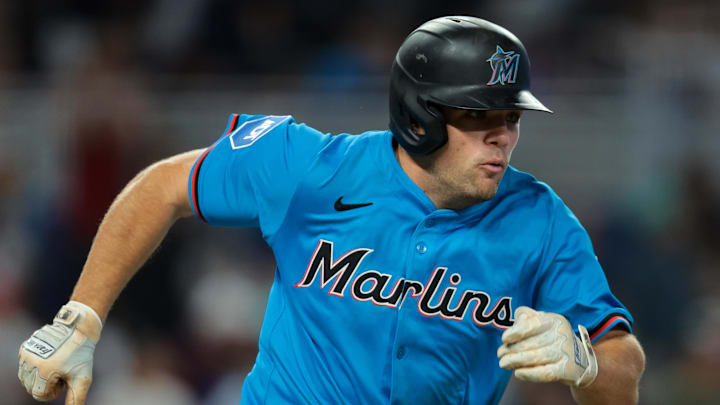 Miami Marlins center fielder Jakob Marsee (87) runs toward third base after hitting a three-run triple against the Toronto Blue Jays during the fifth inning at loanDepot Park. 