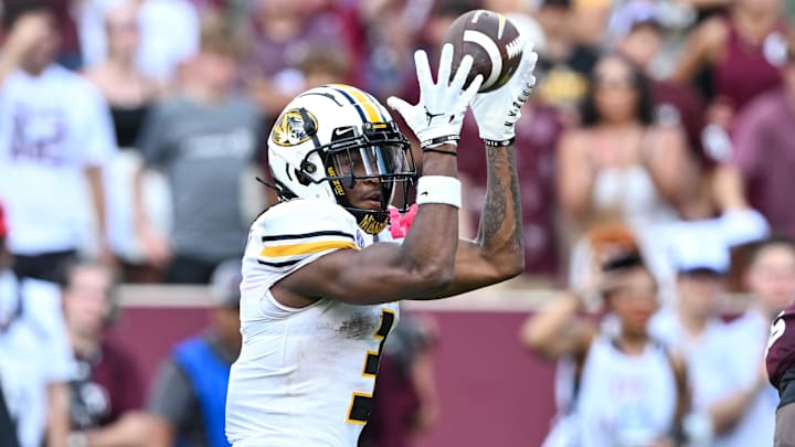 Oct 5, 2024; College Station, Texas, USA; Missouri Tigers wide receiver Luther Burden III (3) catches a pass in the fourth quarter against the Texas AM Aggies at Kyle Field