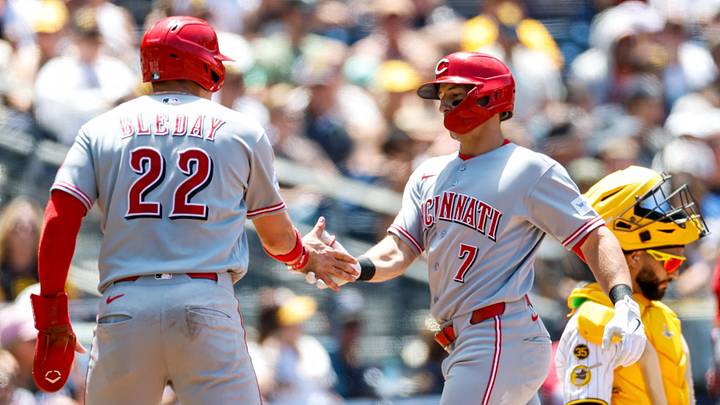 Jun 10, 2026; San Diego, California, USA; Cincinnati Reds second baseman Spencer Steer (7) celebates with left fielder JJ Bleday (22) after hitting a two-run home run during the fourth inning against the San Diego Padres at Petco Park. Mandatory Credit: David Frerker-Imagn Images Jun 10, 2026; San Diego, California, USA; Cincinnati Reds second baseman Spencer Steer (7) celebates with left fielder JJ Bleday (22) after hitting a two-run home run during the fourth inning against the San Diego Padres at Petco Park. Mandatory Credit: David Frerker-Imagn Images