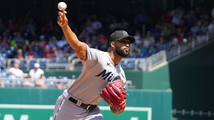 Sep 3, 2023; Washington, District of Columbia, USA; Miami Marlins pitcher Sandy Alcantara (22) delivers a pitch against the Washington Nationals during the first inning at Nationals Park. Sep 3, 2023; Washington, District of Columbia, USA; Miami Marlins pitcher Sandy Alcantara (22) delivers a pitch against the Washington Nationals during the first inning at Nationals Park.