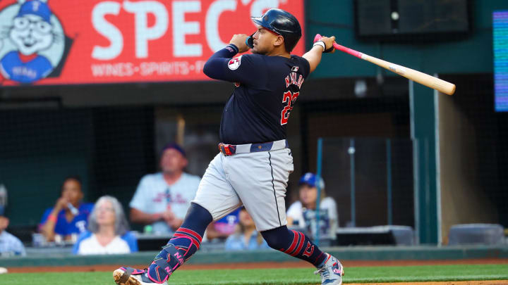 May 14, 2024; Arlington, Texas, USA;  Cleveland Guardians first base Josh Naylor (22) hits a three-run home run during the second inning against the Texas Rangers at Globe Life Field. Mandatory Credit: Kevin Jairaj-USA TODAY Sports