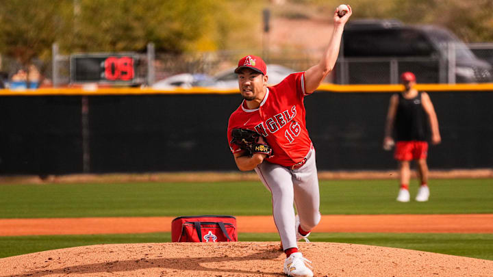 Feb 11, 2026; Tempe, AZ, USA; Los Angeles Angels Yusei Kikuchi during pitchers and catchers workouts at Tempe Diablo Stadium in Tempe, Arizona. Mandatory Credit: Arianna Grainey-Imagn Images Feb 11, 2026; Tempe, AZ, USA; Los Angeles Angels Yusei Kikuchi during pitchers and catchers workouts at Tempe Diablo Stadium in Tempe, Arizona. Mandatory Credit: Arianna Grainey-Imagn Images