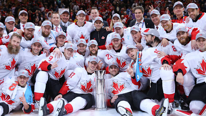 Sep 29, 2016; Toronto, Ontario, Canada; Team Canada players pose for a team photo after defeating Team Europe in game two of the World Cup of Hockey final at Air Canada Centre. Mandatory Credit: Bruce Bennett/Pool Photo via Imagn Images Sep 29, 2016; Toronto, Ontario, Canada; Team Canada players pose for a team photo after defeating Team Europe in game two of the World Cup of Hockey final at Air Canada Centre. Mandatory Credit: Bruce Bennett/Pool Photo via Imagn Images