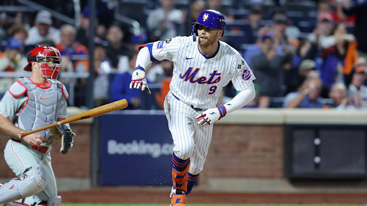 Oct 8, 2024; New York City, New York, USA; New York Mets outfielder Brandon Nimmo (9) walks in the sixth inning against the Philadelphia Phillies during game three of the NLDS for the 2024 MLB Playoffs at Citi Field. Mandatory Credit: Brad Penner-Imagn Images