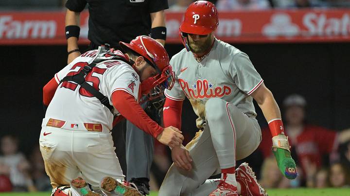 Aug 29, 2026; Anaheim, California, USA; Philadelphia Phillies first baseman Bryce Harper (3) is caught stealing home as he is tagged out by Los Angeles Angels catcher Travis D'Arnaud (25) in the eighth inning at Angel Stadium. Mandatory Credit: Jayne Kamin-Oncea-Imagn Images Aug 29, 2026; Anaheim, California, USA; Philadelphia Phillies first baseman Bryce Harper (3) is caught stealing home as he is tagged out by Los Angeles Angels catcher Travis D'Arnaud (25) in the eighth inning at Angel Stadium. Mandatory Credit: Jayne Kamin-Oncea-Imagn Images