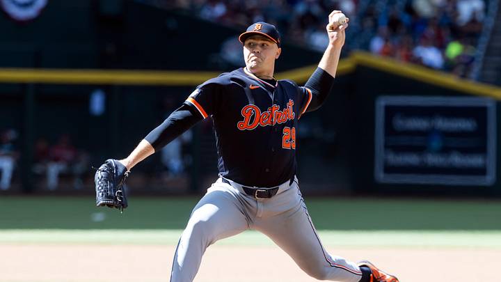 Apr 1, 2026; Phoenix, Arizona, USA; Detroit Tigers pitcher Tarik Skubal against the Arizona Diamondbacks at Chase Field. Mandatory Credit: Mark J. Rebilas-Imagn Images