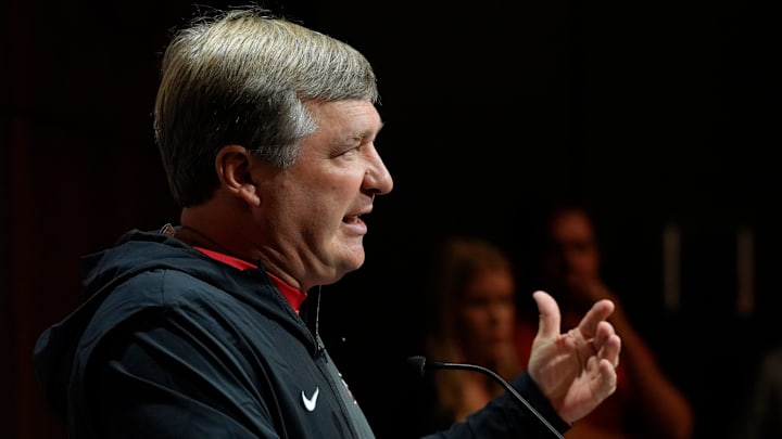 Georgia coach Kirby Smart speaks to the media on the first day of fall practice in Athens, Georgia, on Thursday, July 31, 2025.
