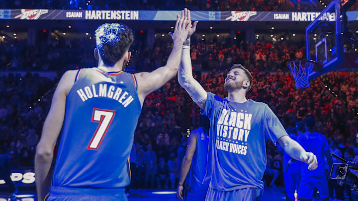 Feb 7, 2025; Oklahoma City, Oklahoma, USA; Oklahoma City Thunder center Isaiah Hartenstein (55) high fives forward Chet Holmgren (7) during introductions before the start of a game against the Toronto Raptors during the second half at Paycom Center. Mandatory Credit: Alonzo Adams-Imagn Images