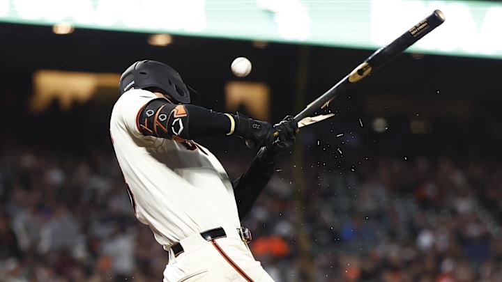 May 4, 2026; San Francisco, California, USA; San Francisco Giants designated hitter Bryce Eldridge (8) breaks his bat during the sixth inning against the San Diego Padres at Oracle Park. Mandatory Credit: Kelley L Cox-Imagn Images