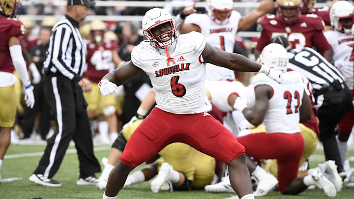 Oct 1, 2022; Chestnut Hill, Massachusetts, USA;  Louisville Cardinals defensive lineman YaYa Diaby