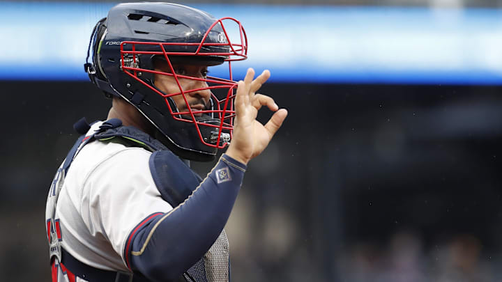 Former Atlanta Braves catcher Chadwick Tromp (45) gestures to the Braves dugout against the Pittsburgh Pirates during the eighth inning at PNC Park. Pittsburgh won 4-1.