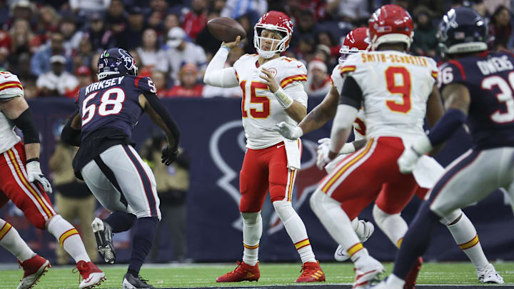 Dec 18, 2022; Houston, Texas, USA; Kansas City Chiefs quarterback Patrick Mahomes (15) in action during the game against the Houston Texans at NRG Stadium. Mandatory Credit: Troy Taormina-USA TODAY Sports