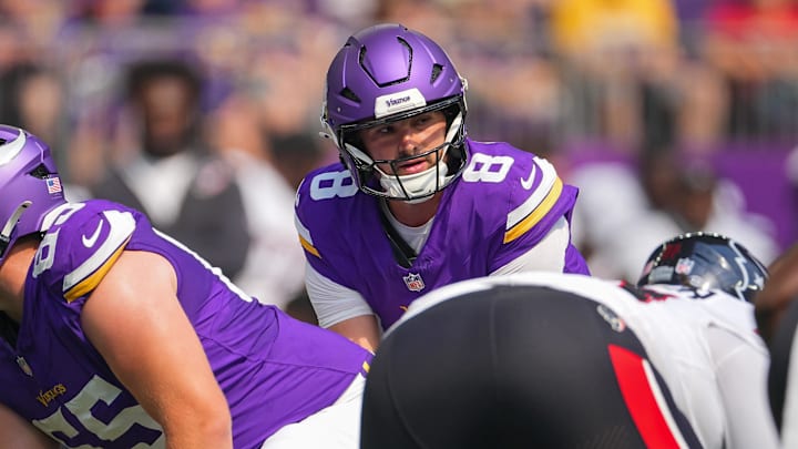 Aug 9, 2025; Minneapolis, Minnesota, USA; Minnesota Vikings quarterback Sam Howell (8) under center against the Houston Texans in the second quarter at U.S. Bank Stadium. Mandatory Credit: Brad Rempel-Imagn Images