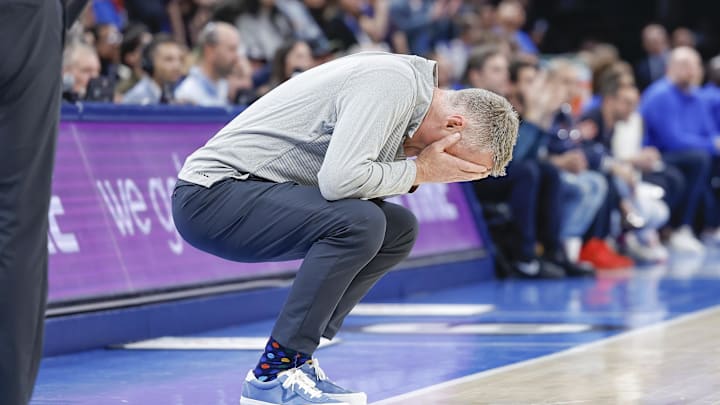 Golden State Warriors head coach Steve Kerr reacts after a play against the Oklahoma City Thunder during the second half at Paycom Center. 