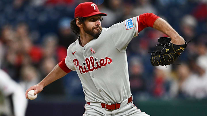 May 11, 2025; Cleveland, Ohio, USA; Philadelphia Phillies relief pitcher Jordan Romano (68) throws a pitch during the ninth inning against the Cleveland Guardians at Progressive Field.