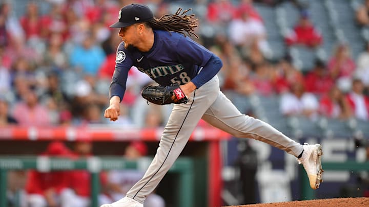 Seattle Mariners pitcher Luis Castillo throws during a game against the Los Angeles Angels on July 11 at Angel Stadium.