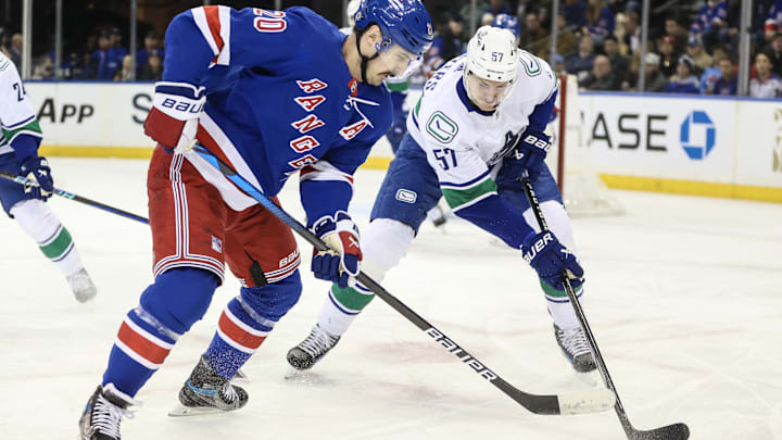 Jan 8, 2024; New York, New York, USA;  New York Rangers left wing Chris Kreider (20) and Vancouver