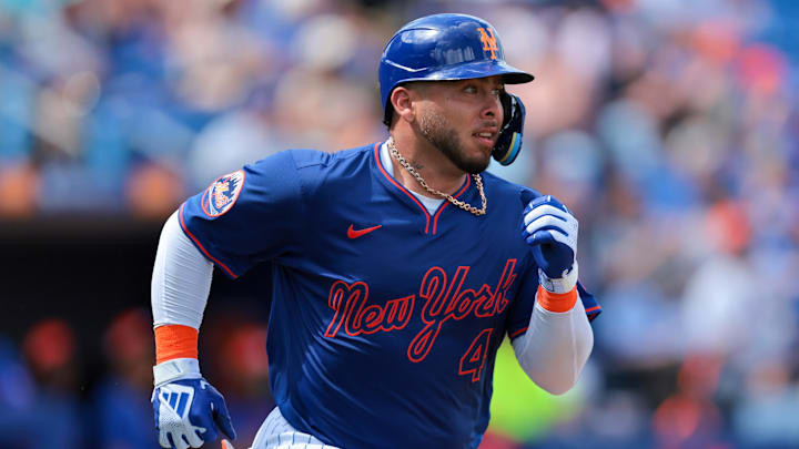 Feb 27, 2025; Port St. Lucie, Florida, USA; New York Mets catcher Francisco Alvarez (4) runs to first base after hitting a single against the Houston Astros during the first inning at Clover Park. Mandatory Credit: Sam Navarro-Imagn Images Feb 27, 2025; Port St. Lucie, Florida, USA; New York Mets catcher Francisco Alvarez (4) runs to first base after hitting a single against the Houston Astros during the first inning at Clover Park. Mandatory Credit: Sam Navarro-Imagn Images