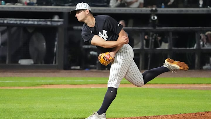 Feb 28, 2025; Tampa, Florida, USA; New York Yankees pitcher Sean Boyle (96) throws a pitch against the Toronto Blue Jays during the sixth inning at George M. Steinbrenner Field. Mandatory Credit: Dave Nelson-Imagn Images