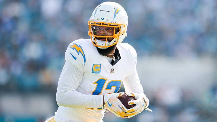 Nov 16, 2025; Jacksonville, Florida, USA; Los Angeles Chargers wide receiver Keenan Allen (13) catches a pass against the Jacksonville Jaguars during the second quarter at EverBank Stadium. Mandatory Credit: Nathan Ray Seebeck-Imagn Images