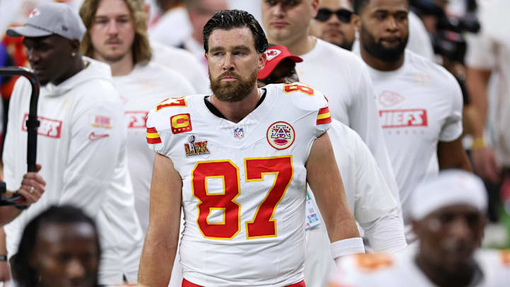 Feb 9, 2025; New Orleans, LA, USA; Kansas City Chiefs tight end Travis Kelce (87) looks on before Super Bowl LIX between the Philadelphia Eagles and the Kansas City Chiefs at Caesars Superdome. Mandatory Credit: Bill Streicher-Imagn Images Feb 9, 2025; New Orleans, LA, USA; Kansas City Chiefs tight end Travis Kelce (87) looks on before Super Bowl LIX between the Philadelphia Eagles and the Kansas City Chiefs at Caesars Superdome. Mandatory Credit: Bill Streicher-Imagn Images