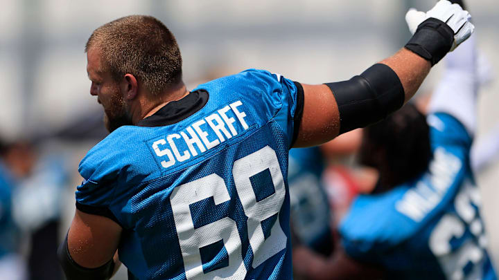 Jacksonville Jaguars guard Brandon Scherff (68) stretches Monday, Aug. 14, 2023 at Miller Electric